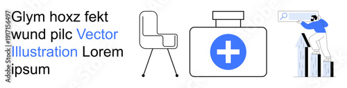 Healthcare, data analysis, business growth, office design, productivity, medical resources. A medical box with a cross, a chair and a figure examining charts. Healthcare and data analysis concept