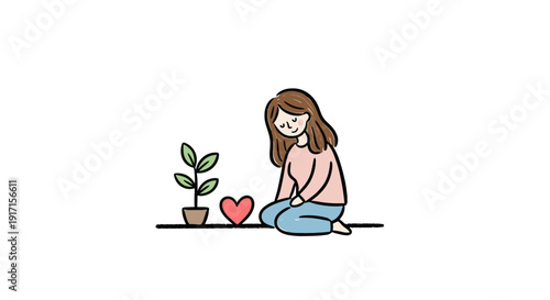 Emotional Support Concept – Minimalist Child Crayon Drawing of Woman Sitting Next to Small Heart and Plant