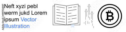 Cryptocurrency, blockchain innovation, education, financial growth, investment, digital currencies. Open book, Bitcoin symbol and arrows rising upward. Cryptocurrency and financial growth concept