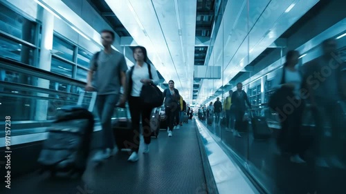 Wallpaper Mural Travelers on moving walkway in modern airport terminal with motion blur and luggage Torontodigital.ca