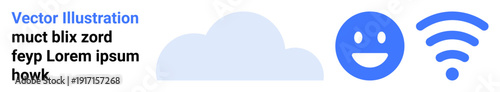 Cloud storage, online communication, data transfer, social connectivity, internet services, and technology. Blue cloud, happy face and wireless symbol. Cloud storage and online communication concept