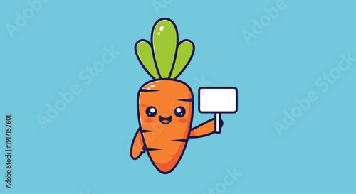 Cute Kawaii Carrot Character Holding Blank Sign, Healthy Food Mascot, Vector Illustration