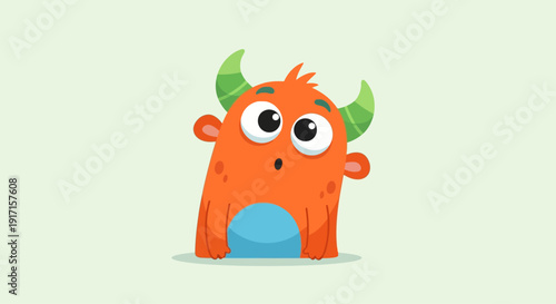 Cute Orange Monster with Green Horns, Big Eyes, Surprised Expression, Cartoon Character