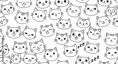 Cute Cat Faces Doodle Art - Adorable Kitten Expressions, Kawaii Style