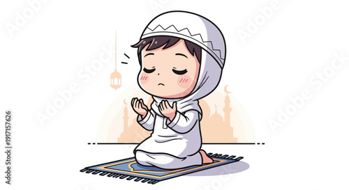 Cute Muslim Boy Praying on Prayer Mat, Islamic Culture, Ramadan, Eid Celebration