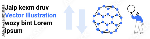 Network sphere with blue nodes connected by lines, bidirectional arrows, and observer holding magnifying glass. Ideal for innovation, connectivity, data flow, research, analysis, teamwork simple
