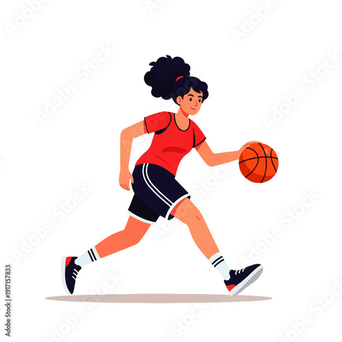 A young woman actively dribbling a basketball, showcasing sport and a healthy lifestyle in a dynamic flat illustration.