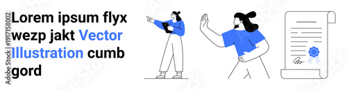 Two professionals interacting with digital documents, including a signed certificate. Ideal for teamwork, business agreement, certification, decision-making, compliance, business pitch, simple