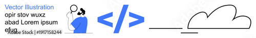 Cloud technology, coding, cloud hosting, data processing, web development, IT solutions. Person thinking near coding symbol and a stylized cloud. Cloud technology and coding concept