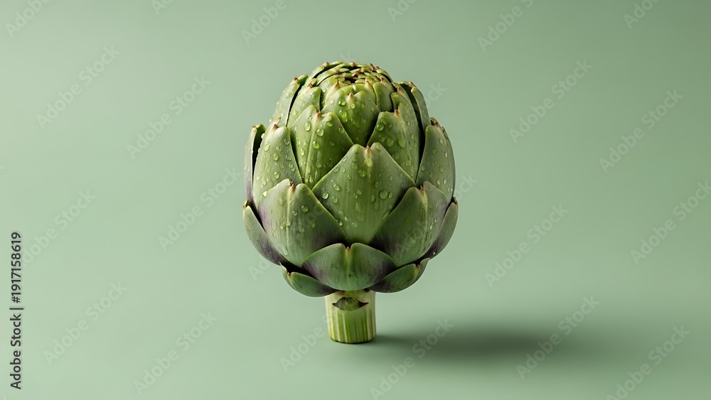 Fototapeta premium Single fresh artichoke with water droplets on a pastel green backdrop