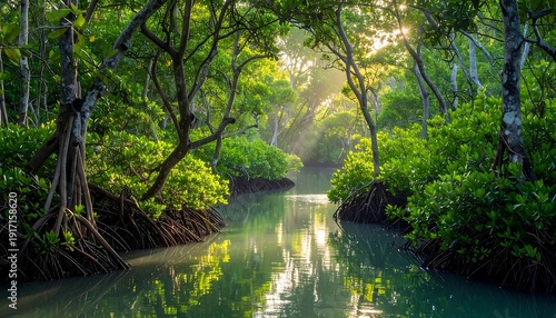 Sunlight filters through lush green mangroves, reflecting on still water of a riverine forest