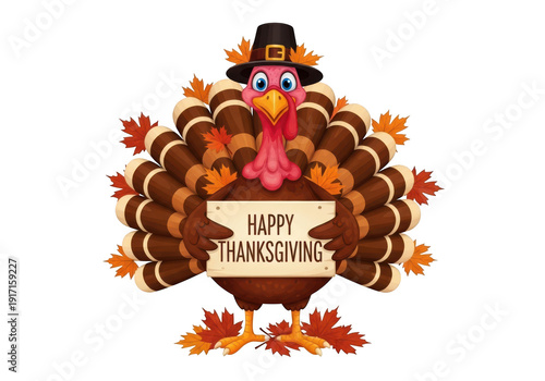 Cartoon turkey holding a thanksgiving sign festive autumn illustration on transparent background