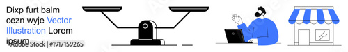 E-commerce, business strategy, fair trade, decision analysis, online transactions, market analysis. A scale, a person working on a laptop and a storefront. E-commerce and business strategy concept
