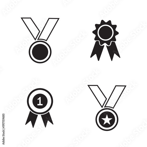 Set of award medal and winner ribbon icons, vector illustration.