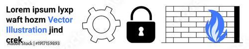 Gear symbolizing settings, lock representing security, firewall with a flame. Ideal for cybersecurity, privacy, technology, safety, troubleshooting, IT systems simple landing page