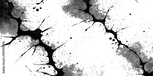 A dirty black ink splat creates a grunge paint background with a liquid spray texture and splattered brush strokes for a dark artistic design element