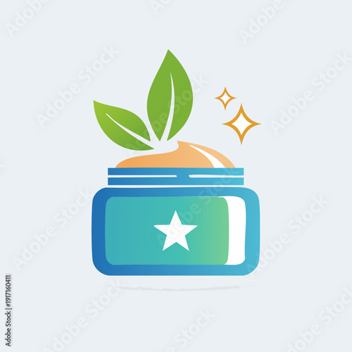 Natural skincare cream jar with green leaves and star symbol.
