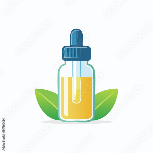 Natural Essential Oil Dropper Bottle with Green Leaves.