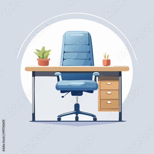 Office desk and chair with plants.