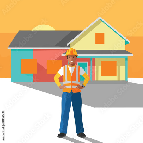 Construction worker in front of new house building concept.