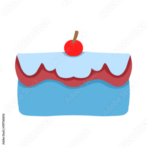 Modern minimalist cartoon cake icon featuring blue frosting and a bright red cherry. Simple vector graphic for food blogging, pastry shop branding, and web interface elements on a plain background.