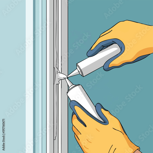 Hands sealing window frame with silicone sealant.
