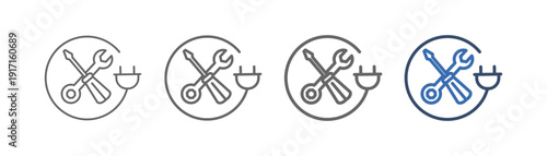 
outline icon set of electrical maintenance with plug cable design, wrench and screwdriver