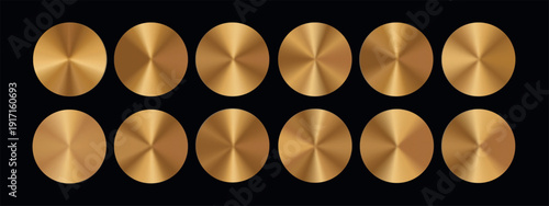 Metallic gradient circles featuring radial gold tones. Circular copper palette with holographic effect. Foil texture for elegant design solutions