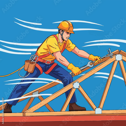Roofer installing roof truss on a house construction site.