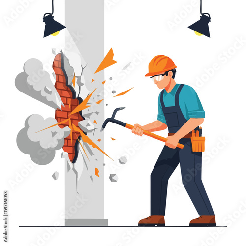 Construction worker demolishing wall with sledgehammer.