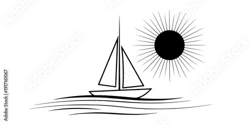 Minimalist Sailboat on Calm Sea Vector Illustration, Black and White Nautical Design