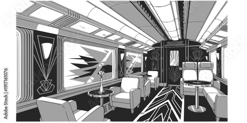 Neo-Deco Luxury Train Travel Vector Illustration, Black and White High-End Tourism