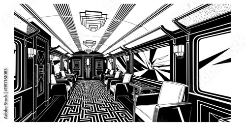 Neo-Deco Luxury Train Travel Vector Illustration, Black and White High-End Tourism