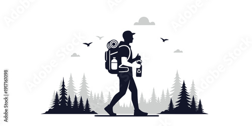 Eco-Tourism Sustainable Traveler Silhouette Vector, Black and White Nature Hiking Art