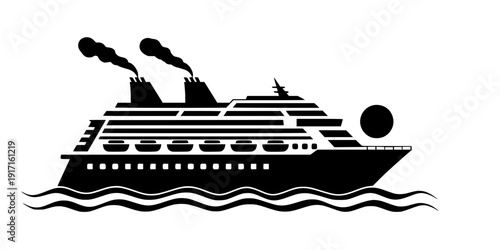 Luxury Cruise Ship on Ocean Flat Vector, Black and White Vacation Cruise Design