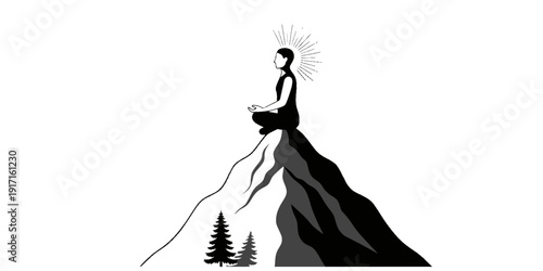 Wellness Tourism Meditation on Mountain Vector, Black and White Mindfulness Art