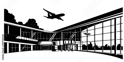 Modern Airport Terminal Interior Vector, Black and White Aviation Travel Design