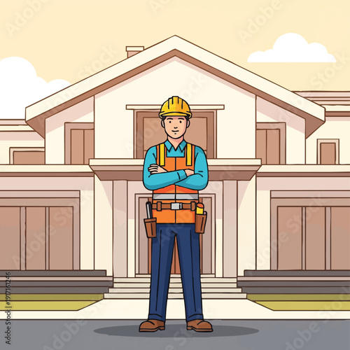 Builder in front of new house with tool belt.