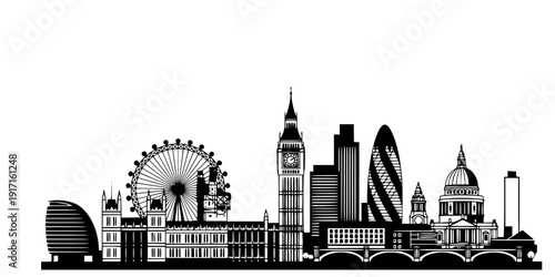 London Skyline Landmarks Flat Vector Illustration, Black and White UK Tourism