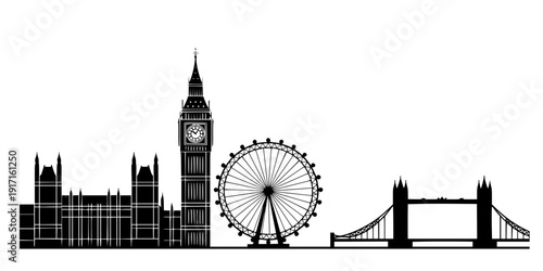 London Skyline Landmarks Flat Vector Illustration, Black and White UK Tourism