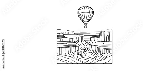 Hot Air Balloon Over Canyon Vector Illustration, Black and White Adventure Travel