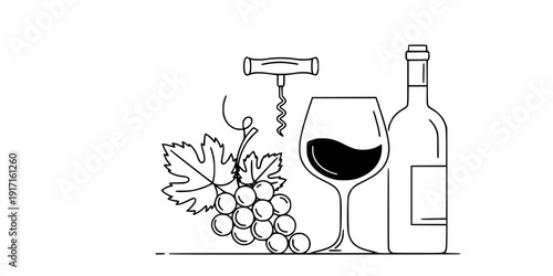 Wine and Grapes Minimalist Vector Illustration, Black and White Enotourism Art