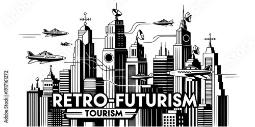 Futuristic City Skyline and Air Taxis Vector, Black and White Future Travel