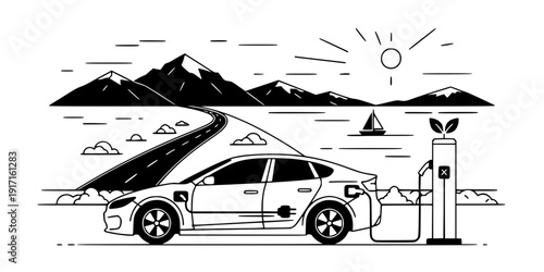 Electric Car Charging on Road Trip Vector, Black and White Green Travel Design