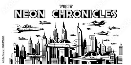 Futuristic City Skyline and Air Taxis Vector, Black and White Future Travel