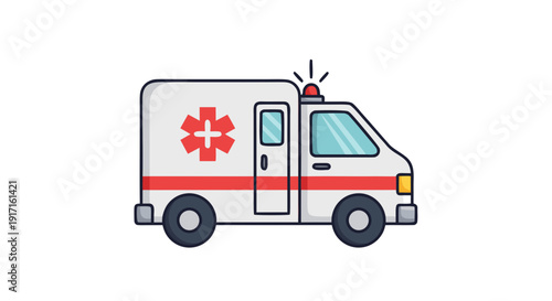 Simple cartoon illustration of a white ambulance emergency vehicle with a flashing red light on top