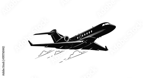 Stylized black and white vector illustration of a private business jet airplane taking off sharply against a white background