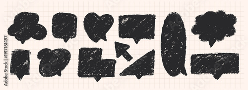 Black grunge crayon speech bubbles and arrows set on grid paper background. Hand-drawn chalk style shapes for comic, stickers, notes, messages and graphic design.