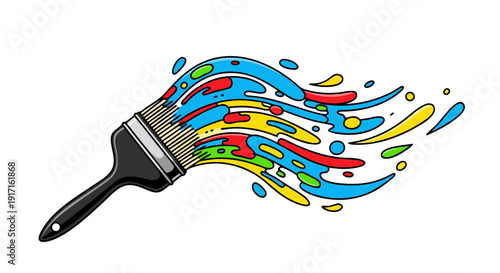 Colorful paint brush creating dynamic splashes of vibrant liquid art across a stark white background