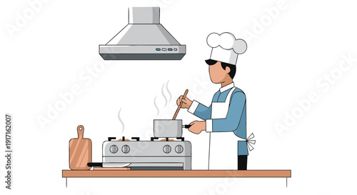Cartoon chef in full uniform carefully stirring ingredients inside a pot over a gas stove range